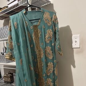 Pakistani Indian Elegant Teal and Gold Embroidered two piece dress